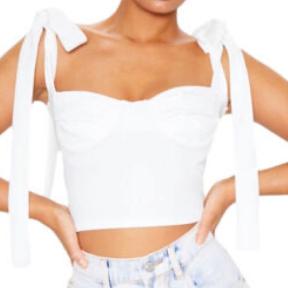 Prettylittlething White Cup Detail Tie Crop Top Sleeveless NWT